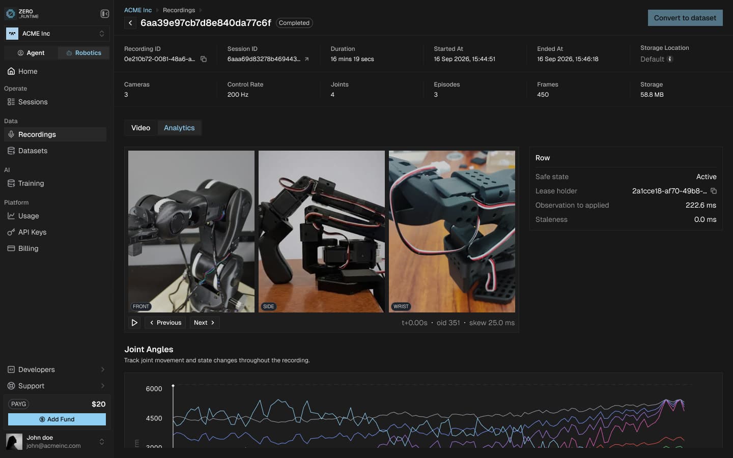Recording analytics: front, side and wrist camera views of a robot arm with playback controls, live telemetry and a joint-angles chart.