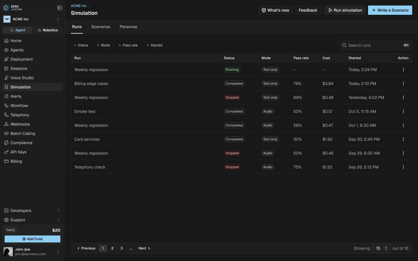 Runs list with status, mode, pass rate, cost and start time for each simulation run.